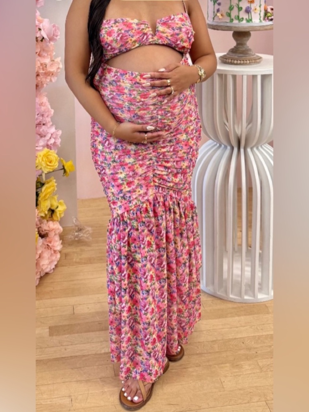 Floral Pink Ruched Maternity Maxi Skirt